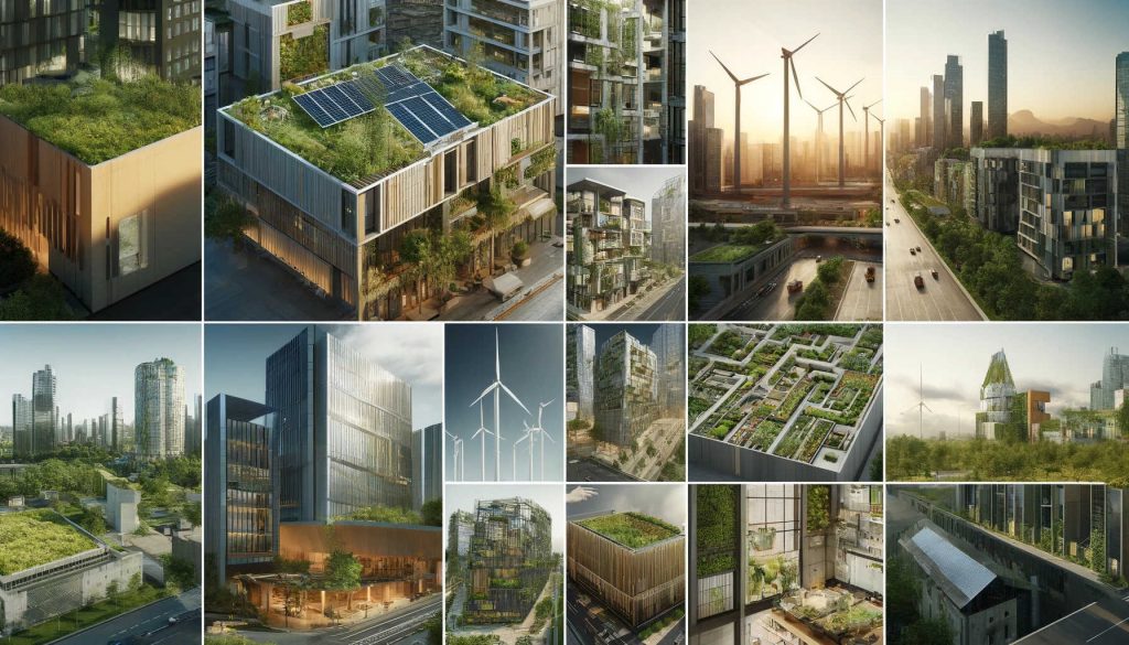 Renders de características sostenibles en proyectos urbanos mostrando techos verdes, paneles solares, turbinas eólicas, y sistemas de recolección de agua de lluvia