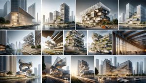Renders arquitectónicos mostrando la evolución de edificios desde conceptos hasta estructuras completadas, enfocando en sostenibilidad, integración urbana, estética futurista y impacto comunitario