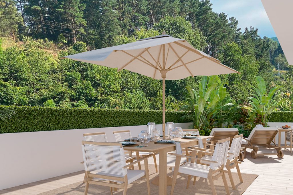 Render 3D hiperrealista de un área de comedor exterior con sombrilla, mostrando texturas y efectos de iluminación naturales.