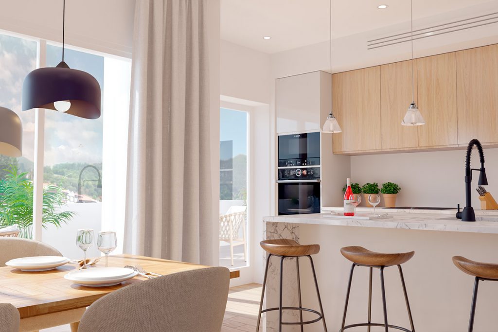 Render 3D de una cocina moderna con vistas al exterior, destacando una mesa de comedor elegante y acabados de diseño contemporáneo.