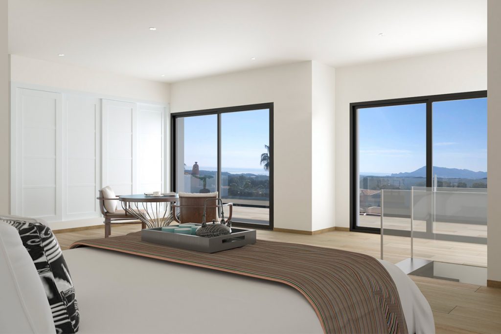 Render 3D de una habitación luminosa con vistas panorámicas y diseño interior moderno.